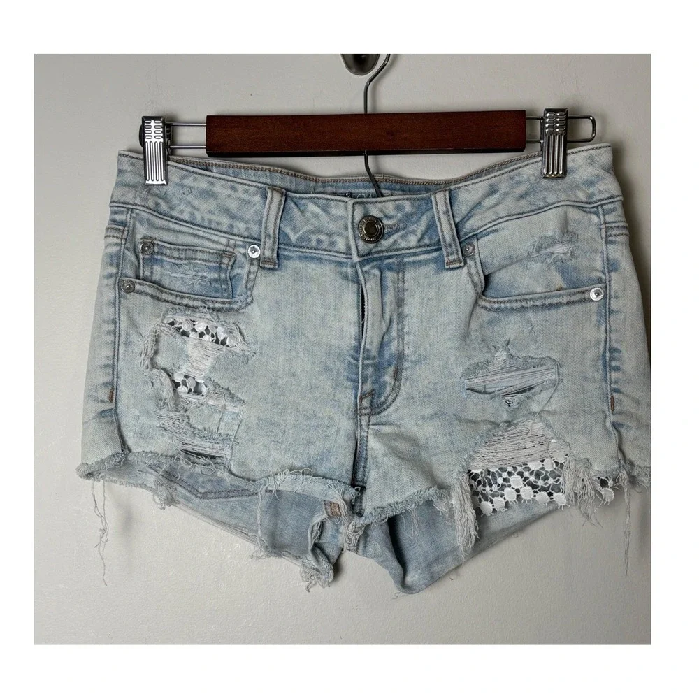 American‎ Eagle Shortie Distressed Lace Crochet Denim Shorts 6 Super Stretch